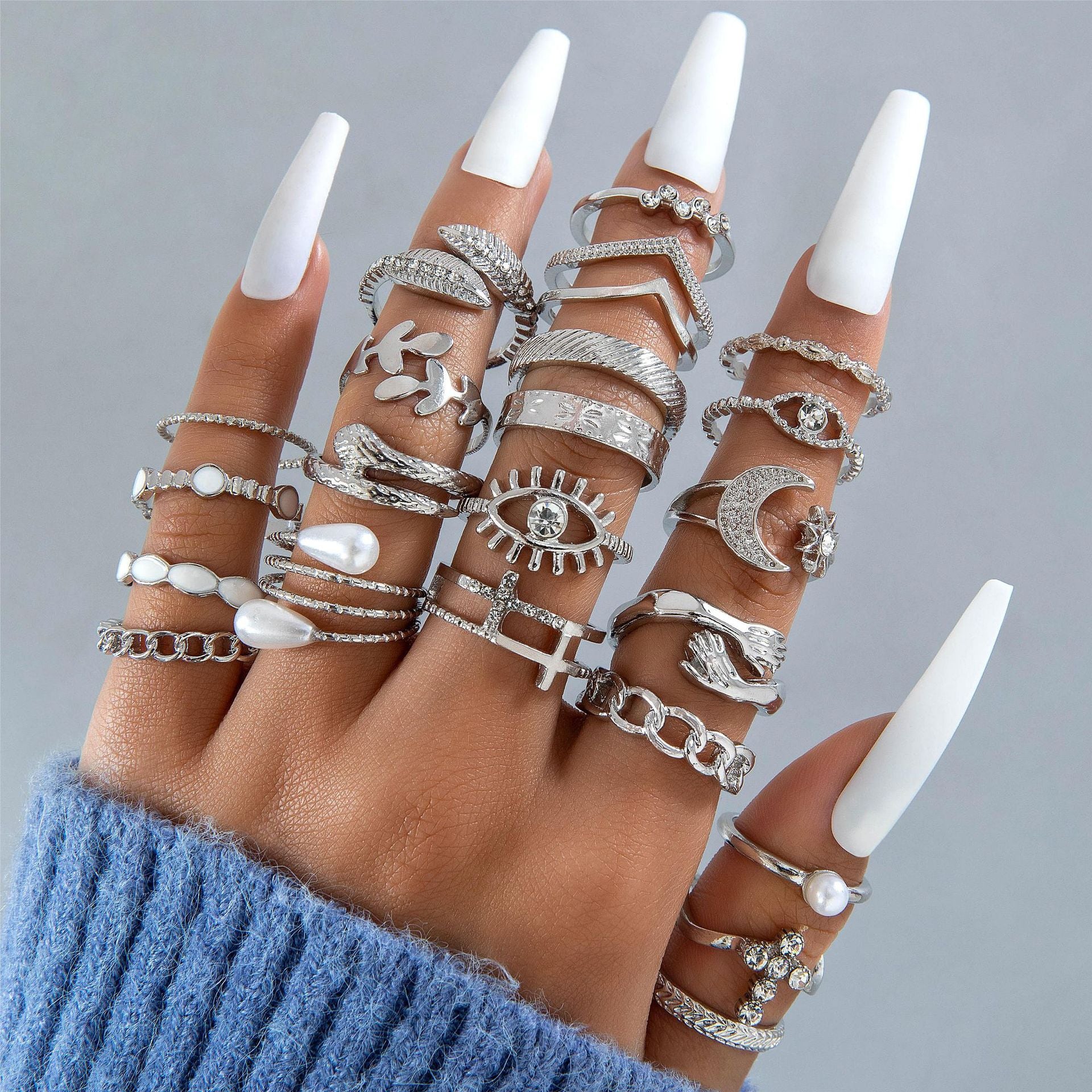 Wholesale Fashionable and versatile leaf heart personality geometric ring set